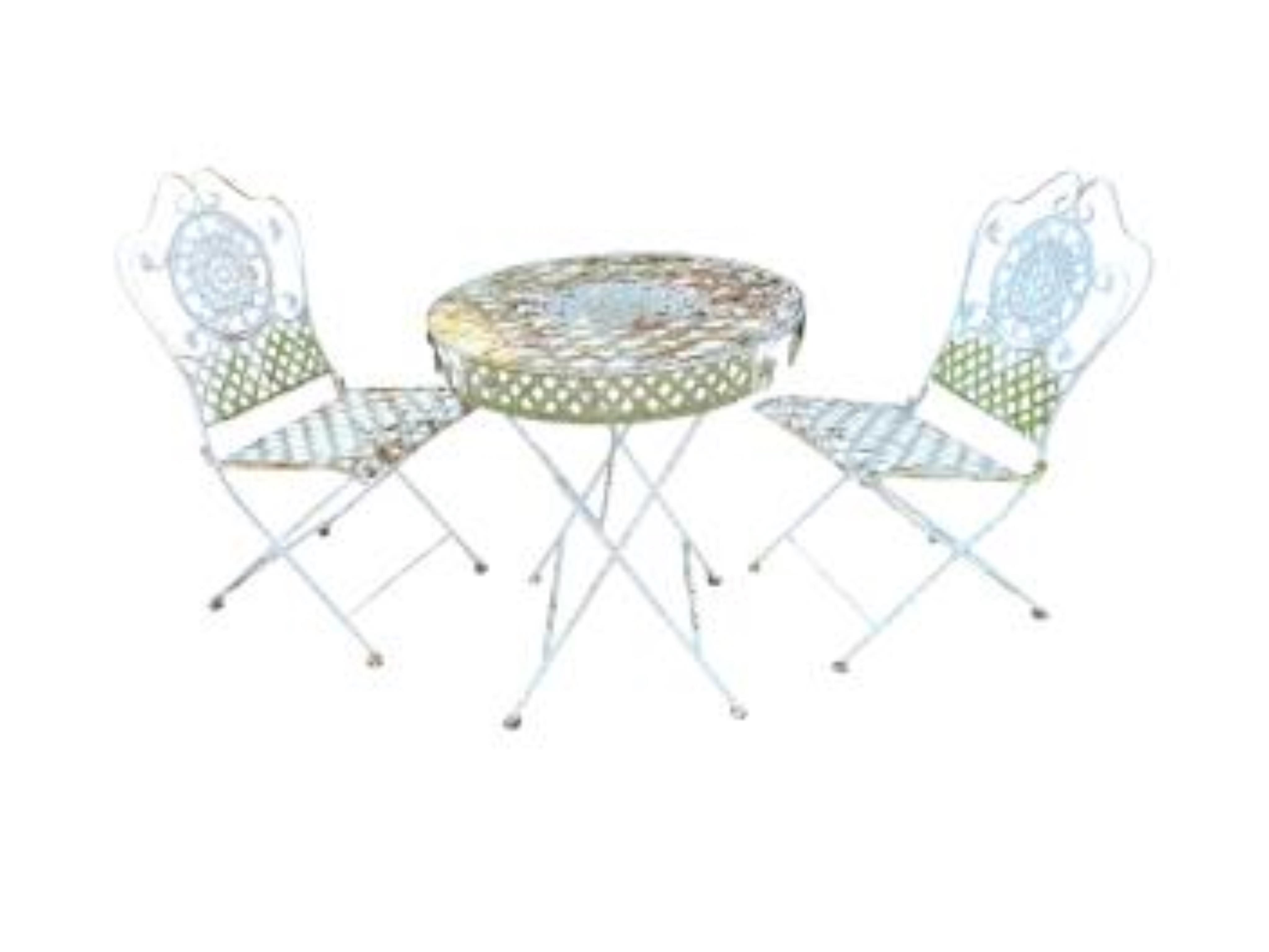 A mosaic topped demi-lune wrought iron garden table, width 96cm and a circular metal folding table with two chairs (requiring new bolts)